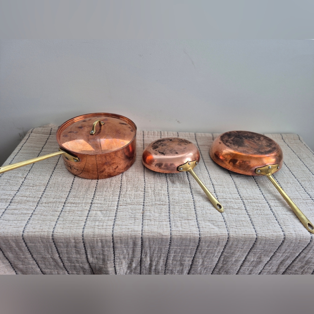 Set Of 3 Vintage Copper Pot And Pans